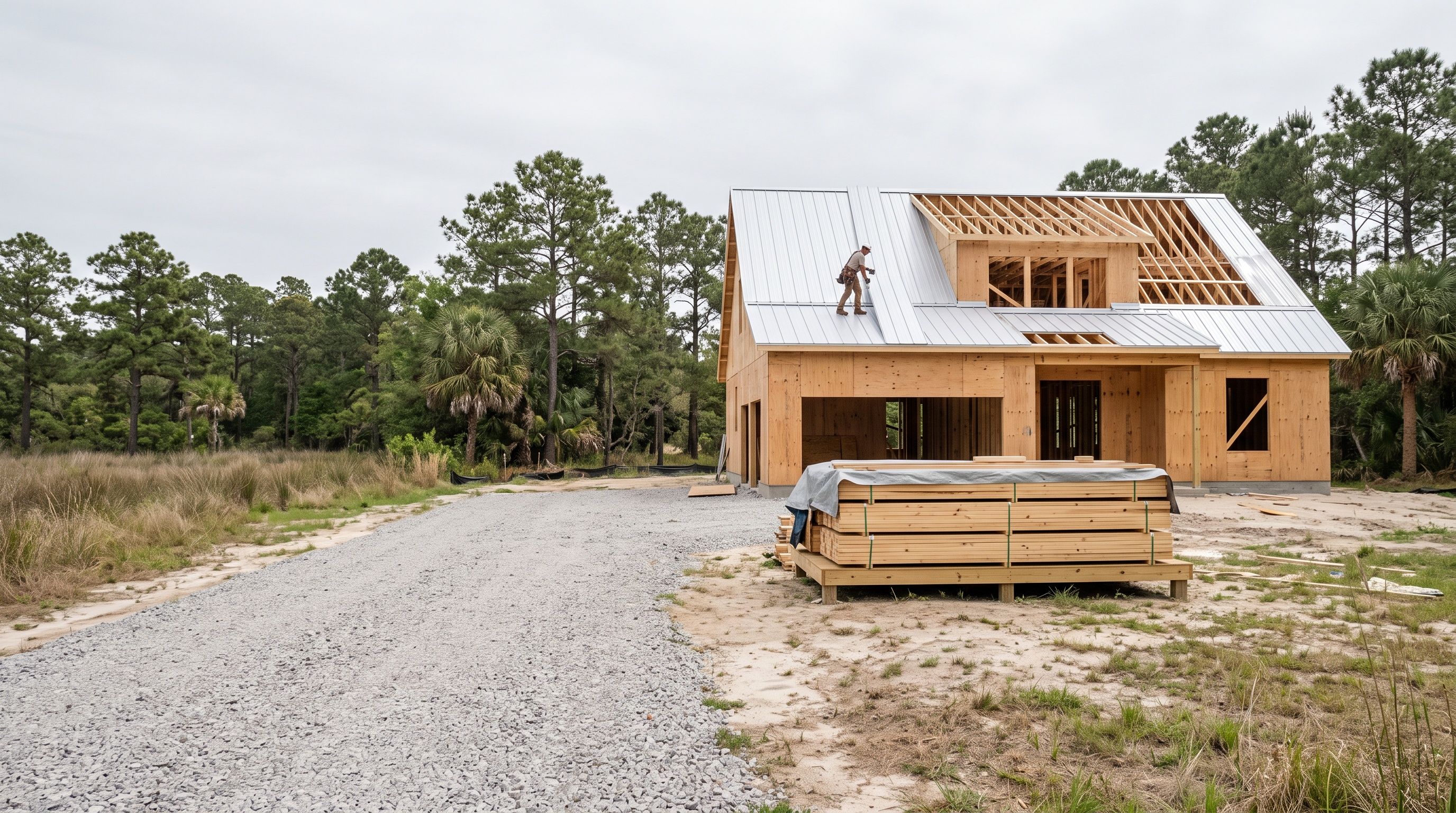 A well-run residential construction site with a new metal roof going on.