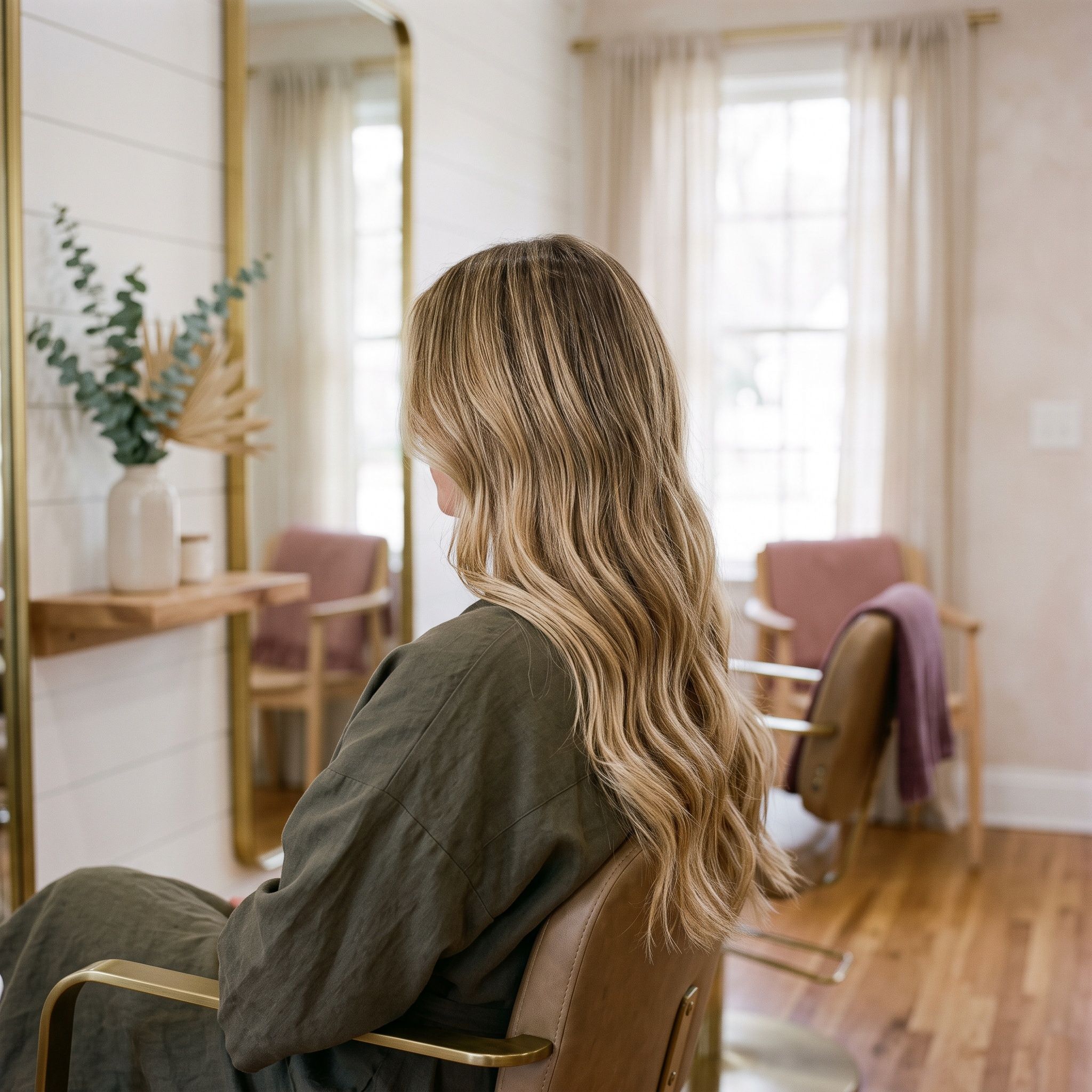 Long balayage-colored hair falling over a shoulder.