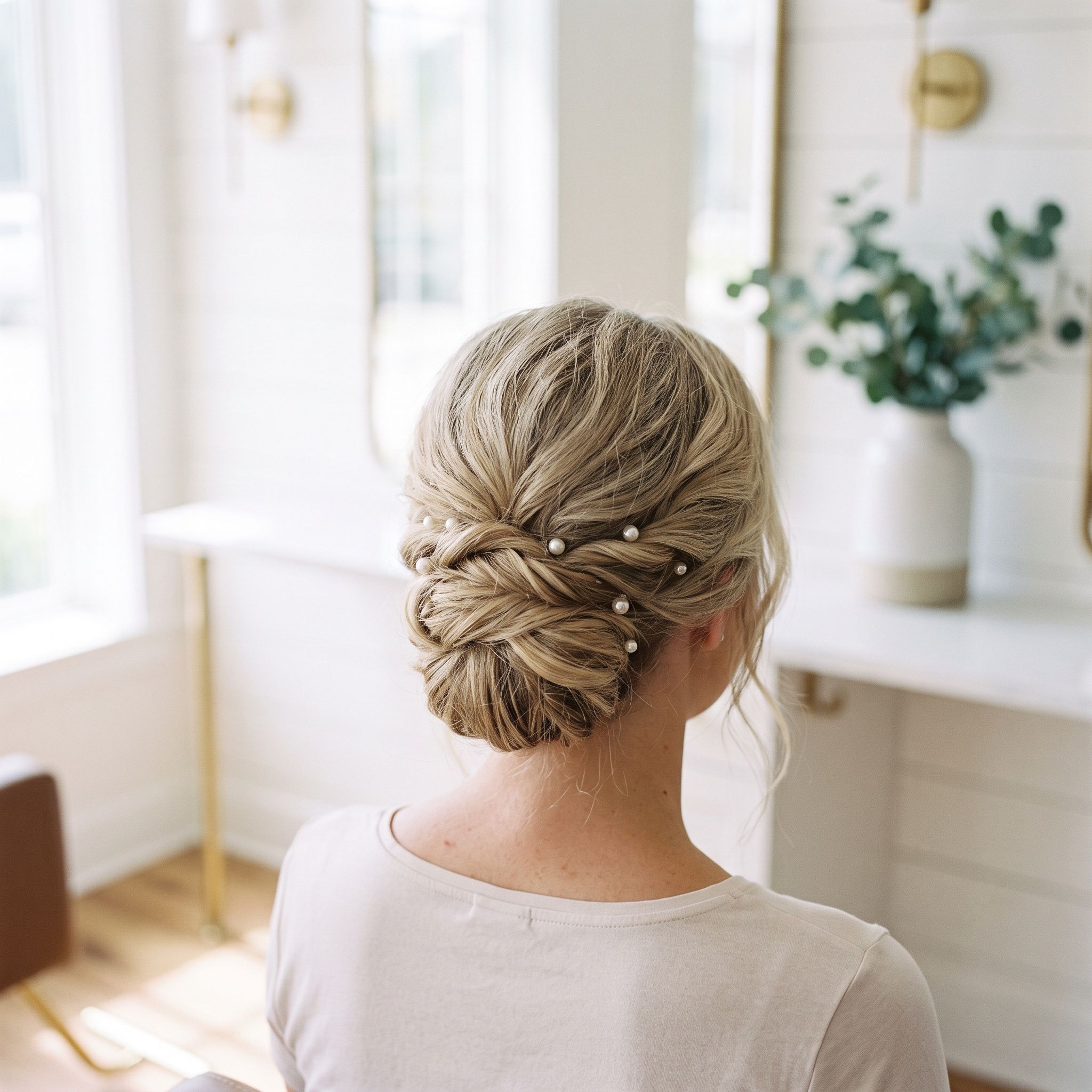 An elegant low bridal updo with pearl pins.