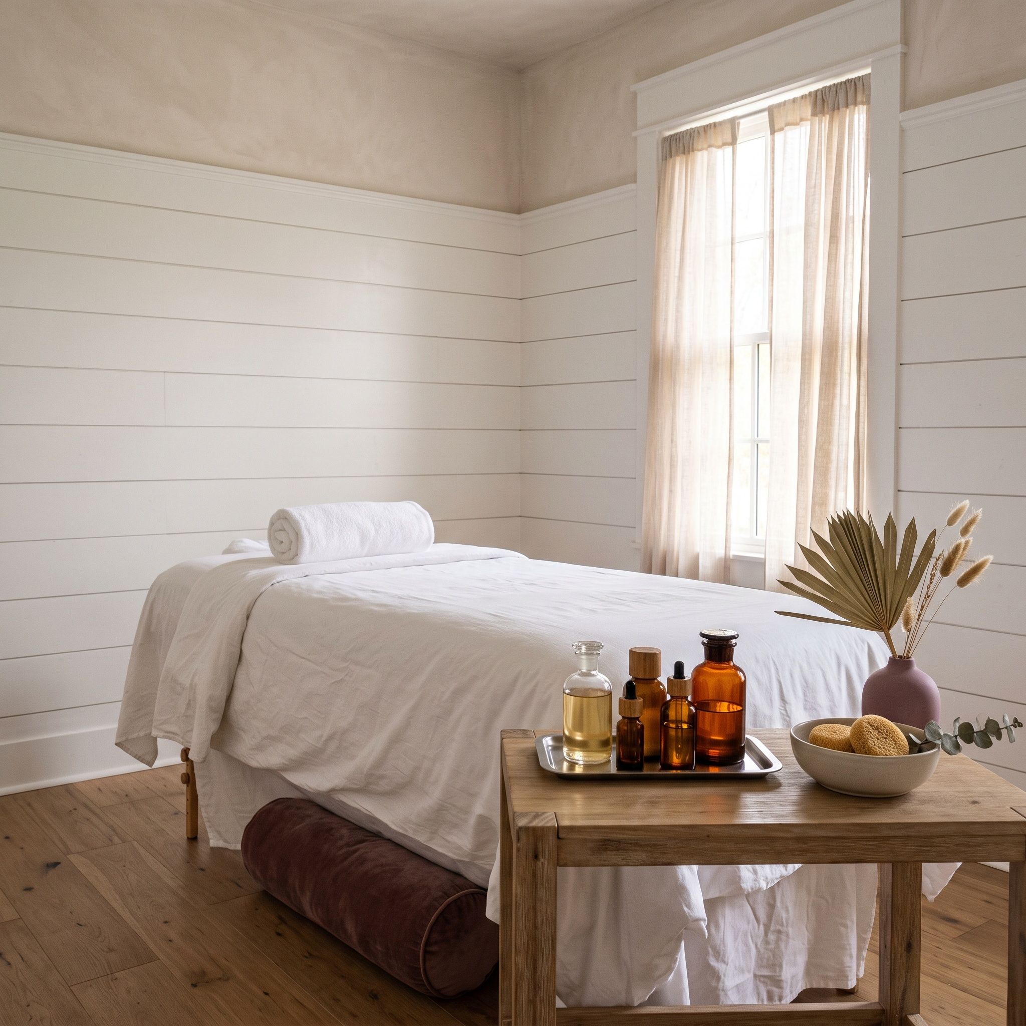 The facial treatment room, bed made up with white linens.