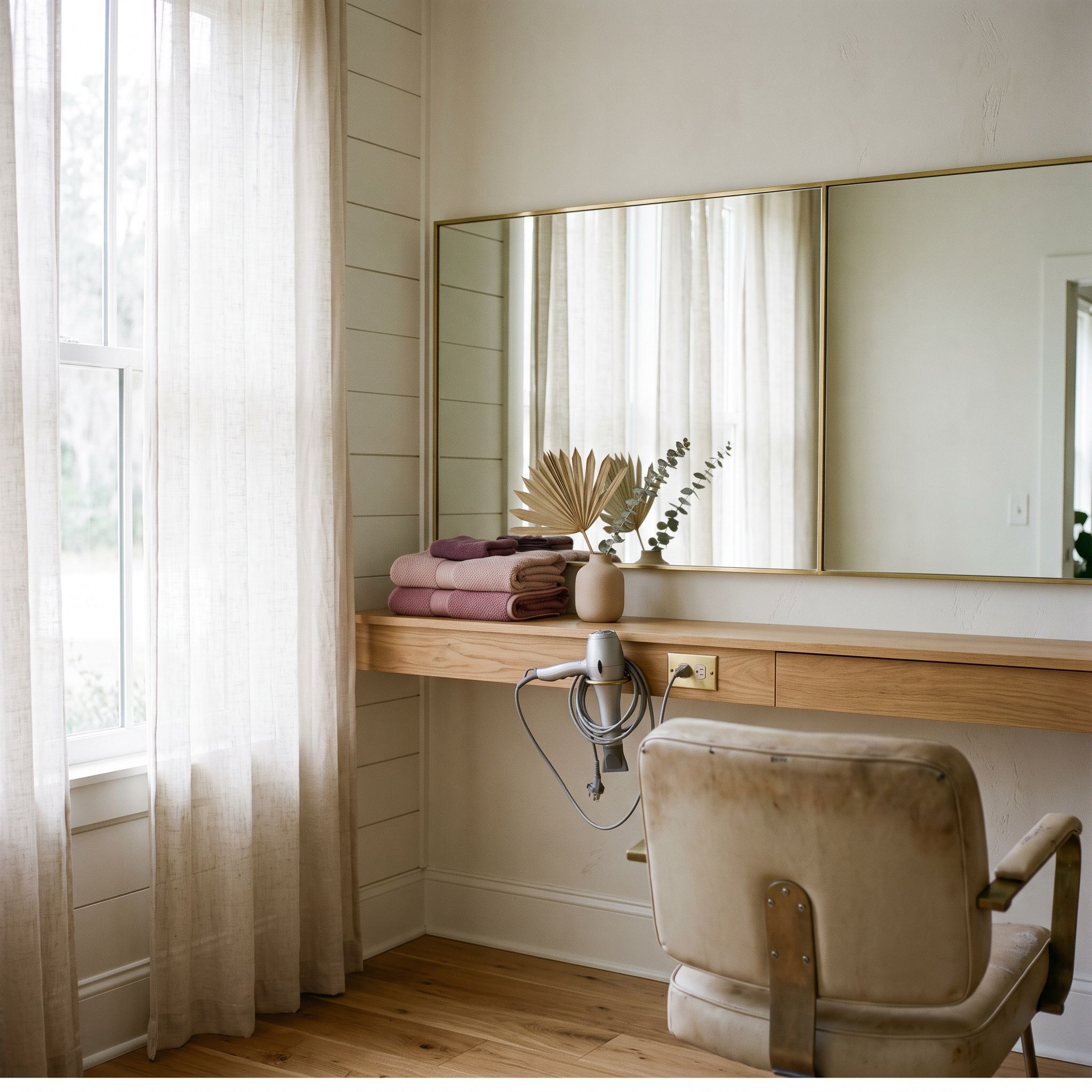 A styling station with mirror, brass fixture and folded towels.