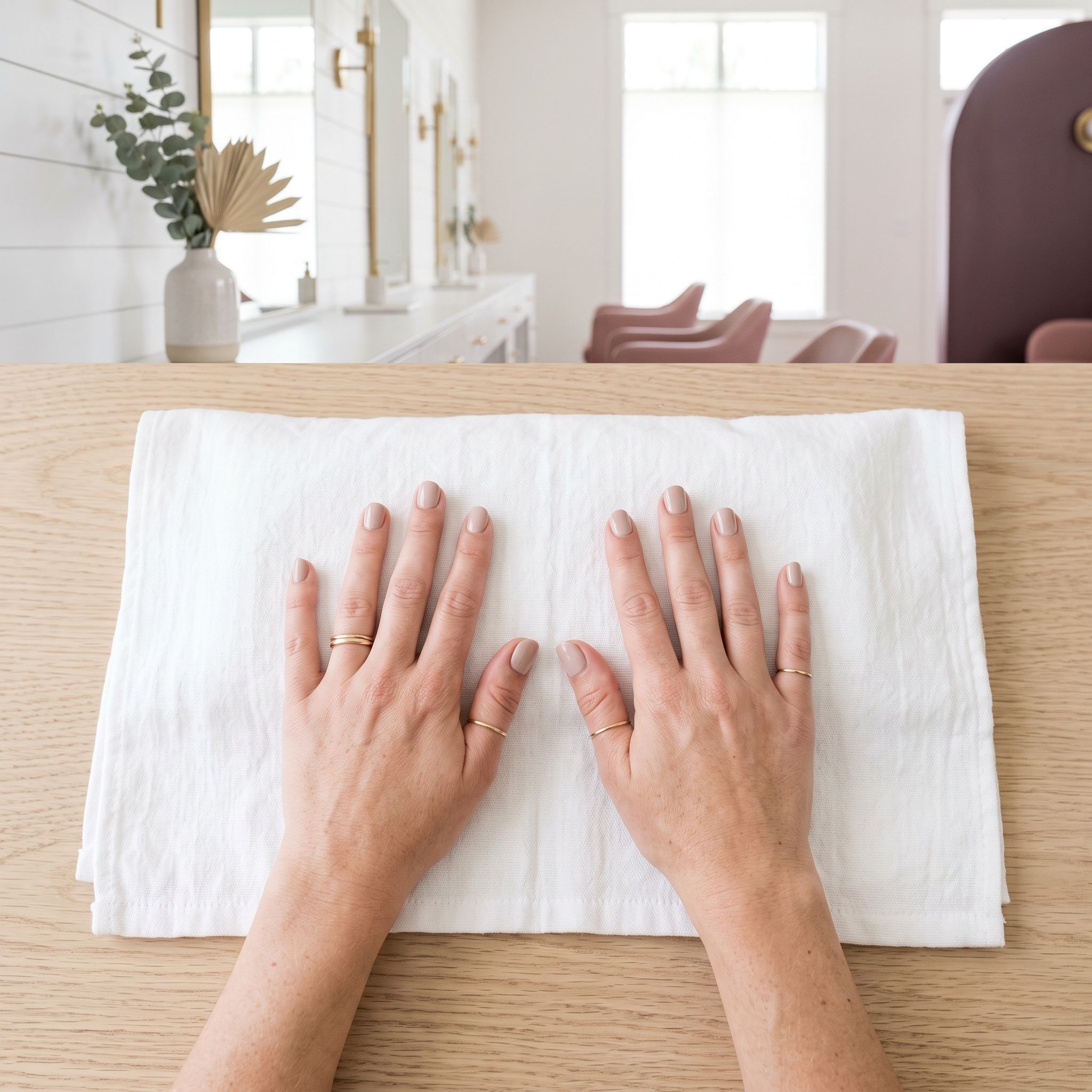 Two hands with a fresh neutral manicure resting on a white towel.