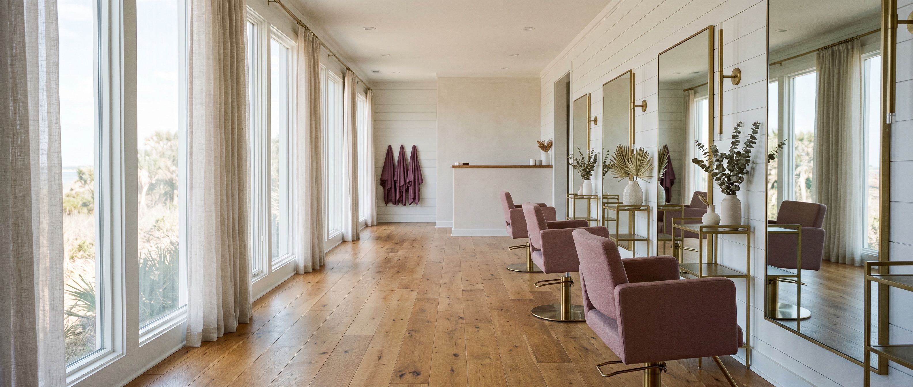 The styling floor of the salon, chairs at the mirror wall and daylight from tall windows.