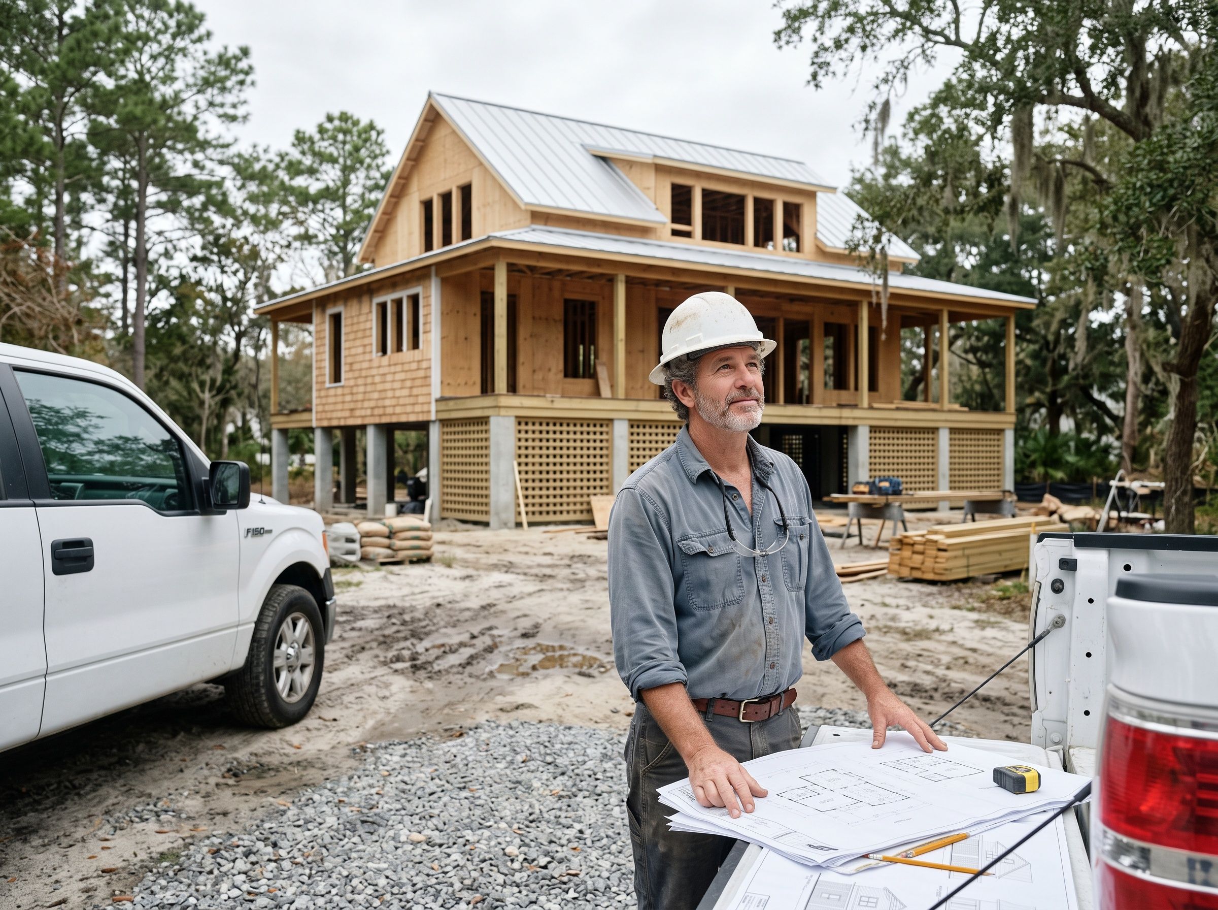 The builder on site, reviewing drawings on the tailgate of his truck.