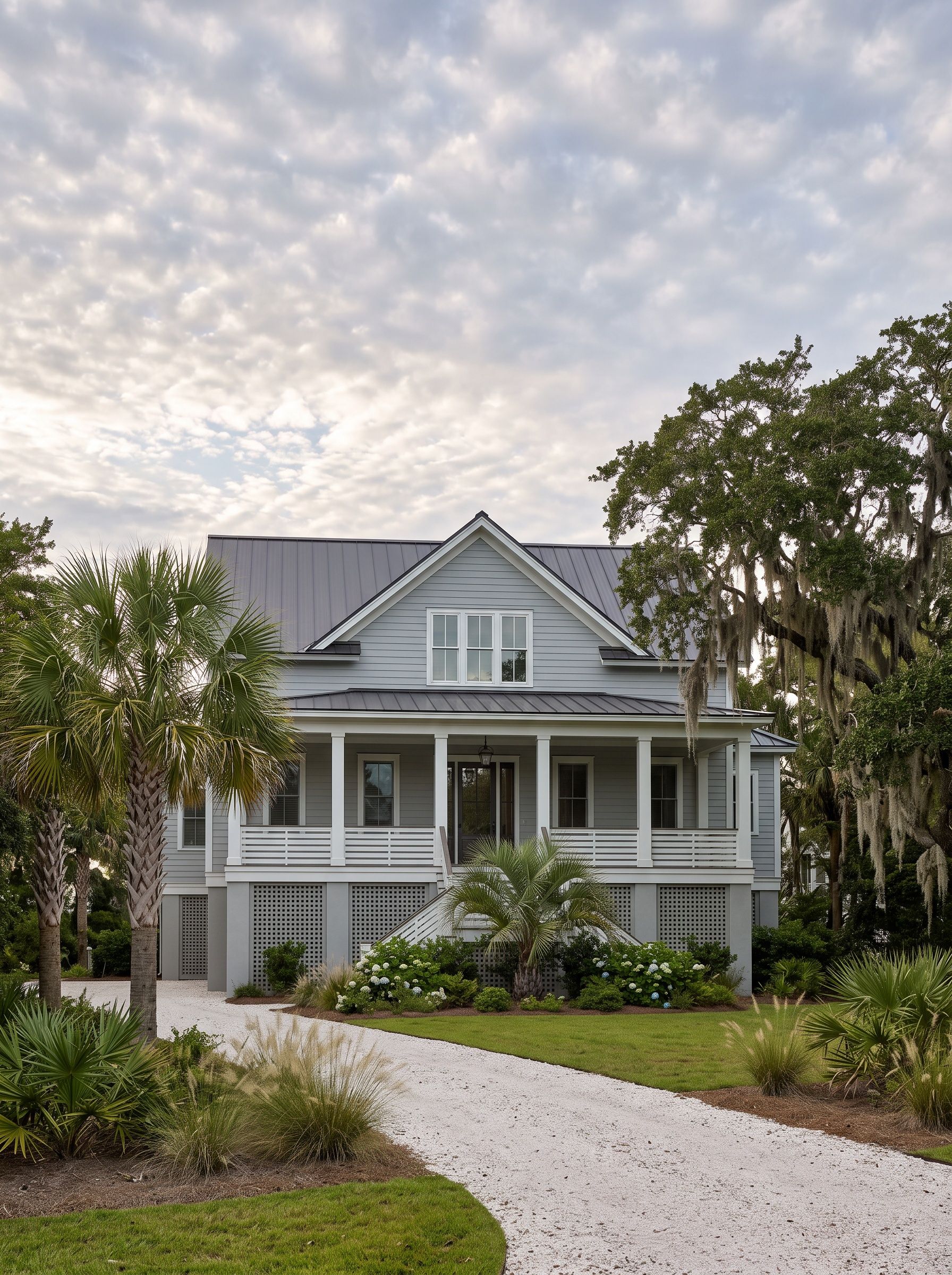 A newly completed raised coastal home with a deep front porch and a metal roof.