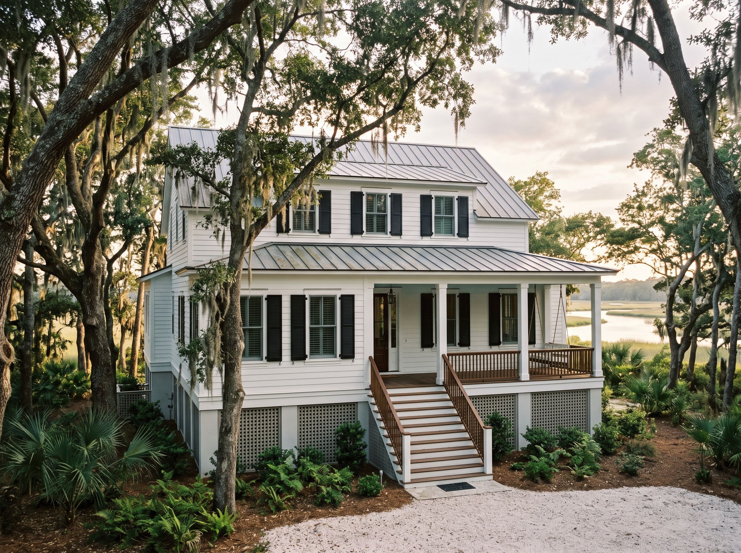 Cypress Bend. Classic Lowcountry lines on a wooded riverfront lot.