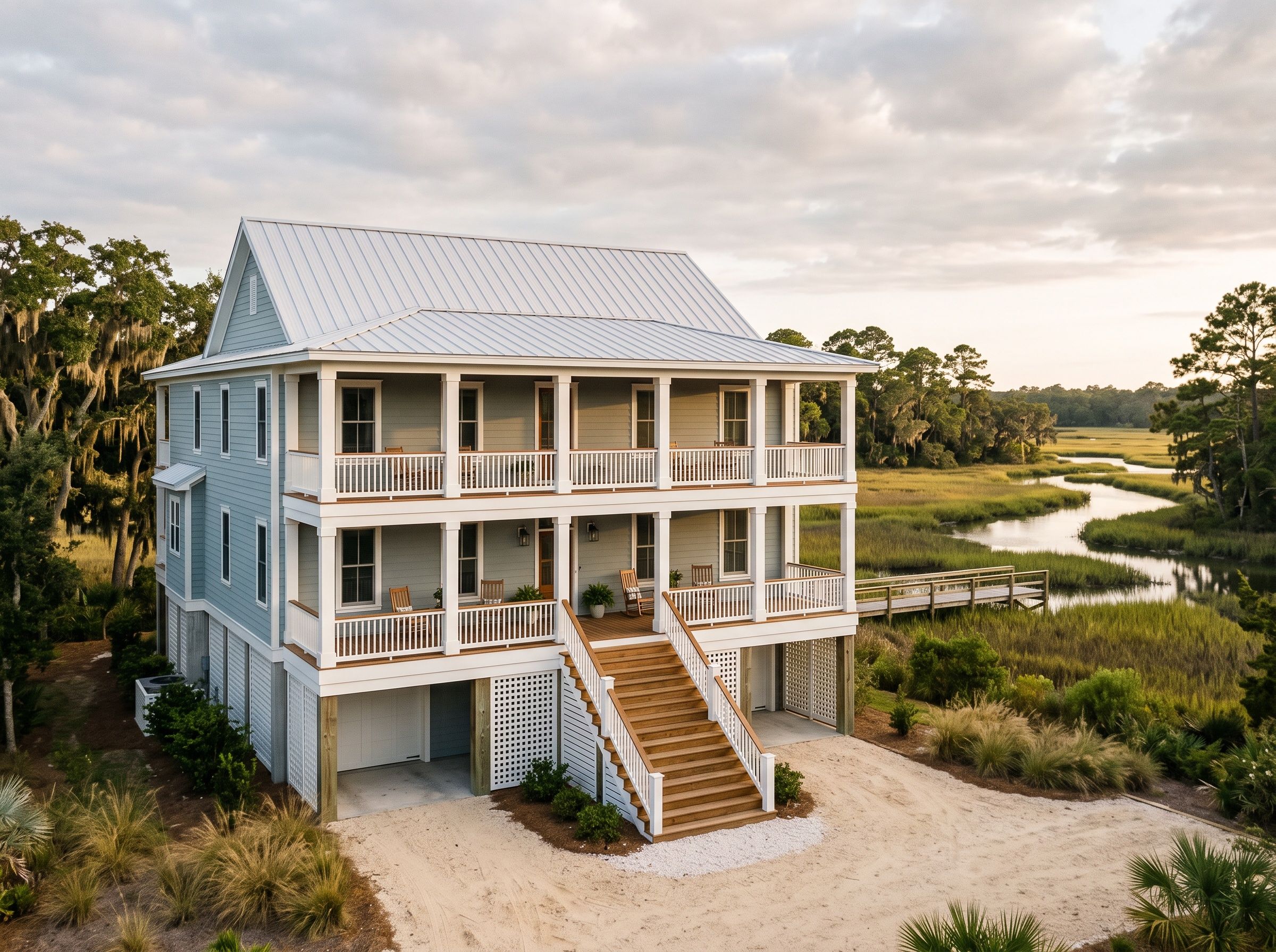 The Pelican’s Rest. Elevated coastal home with wraparound porches and marsh views.