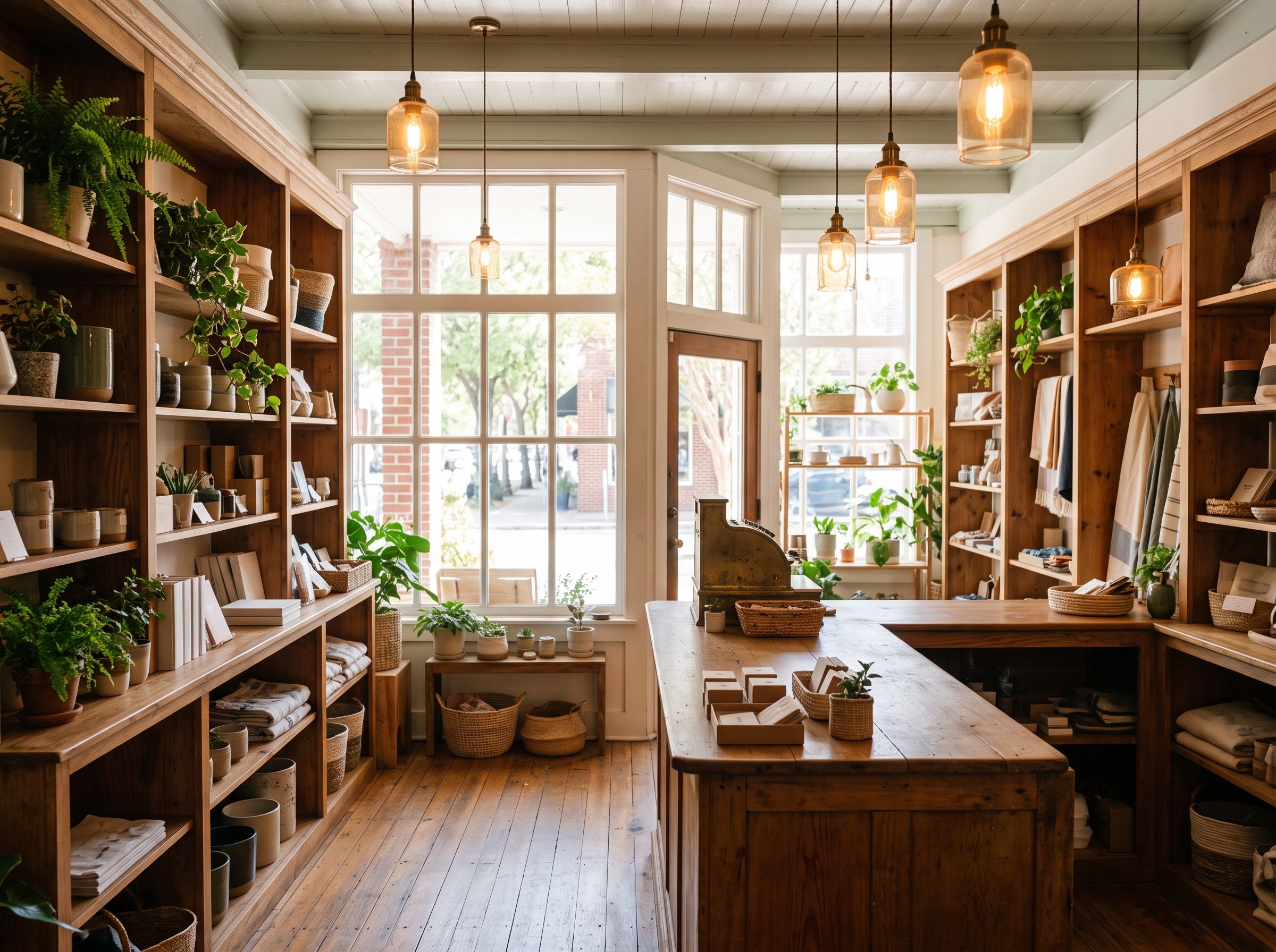 The bright interior of the shop, wood shelving and simple displays.