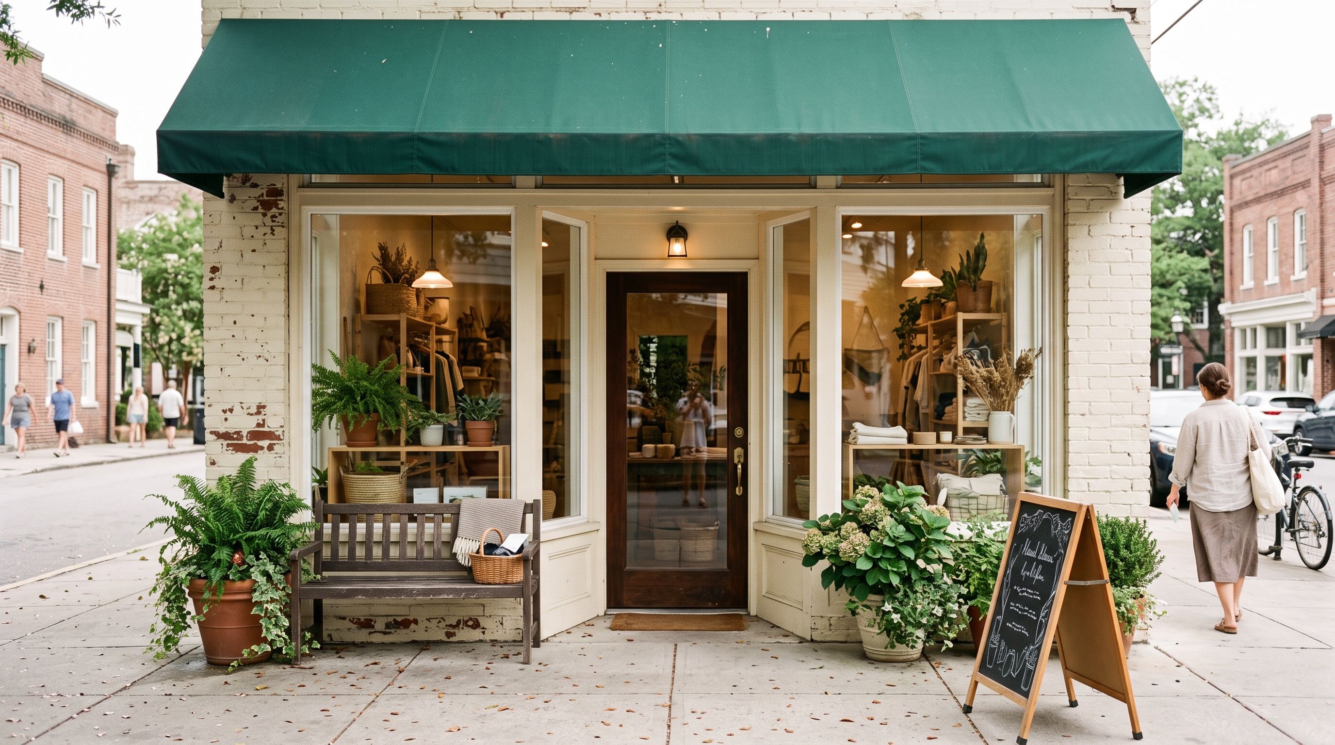 A welcoming small-town shopfront with a canvas awning and display windows.