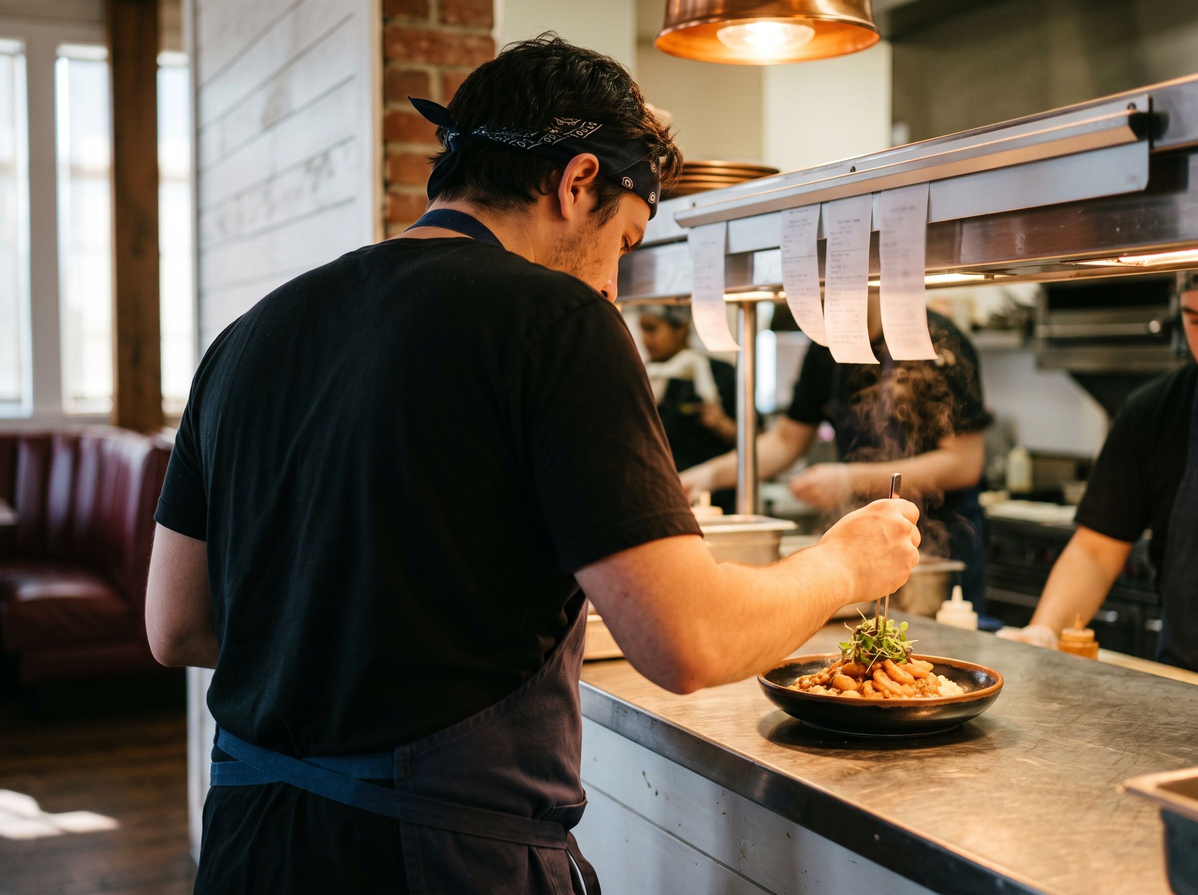 A cook plating a dish at the kitchen pass during service.