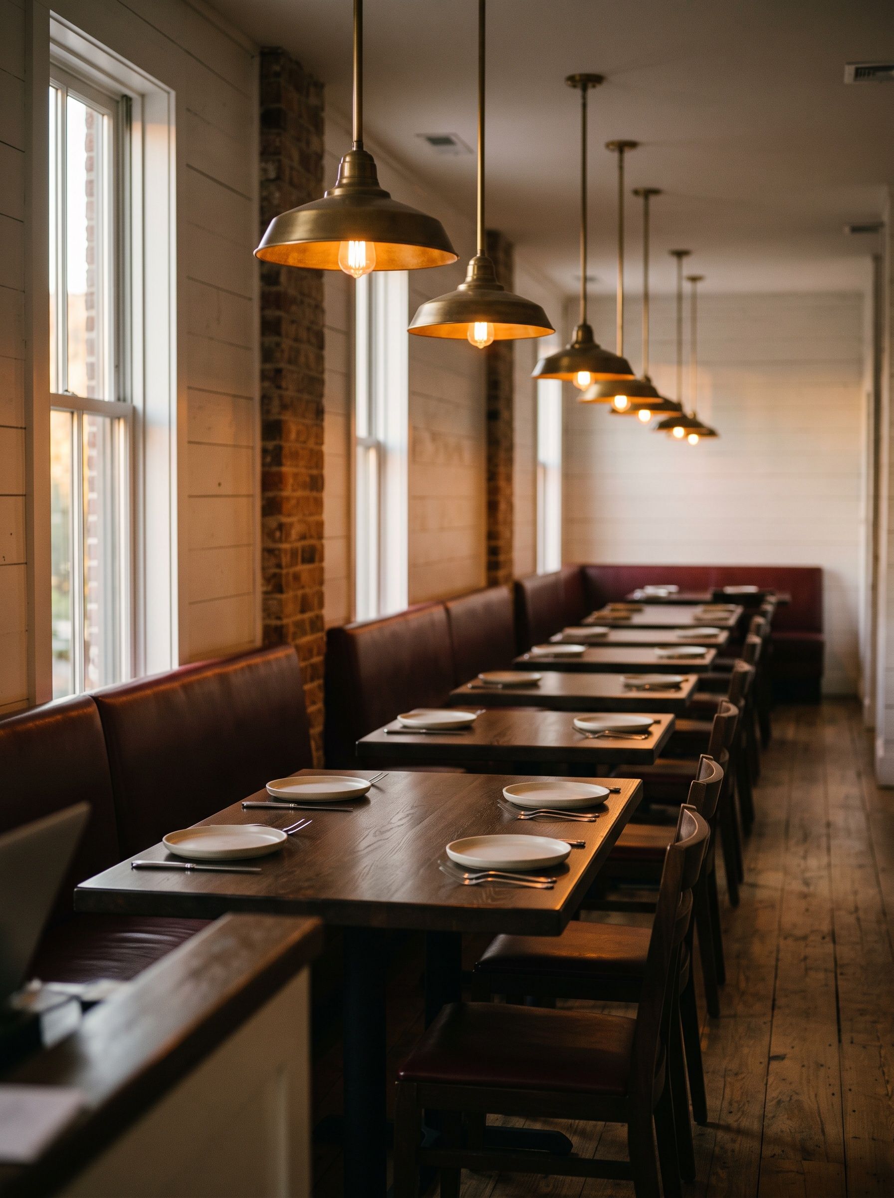 The dining room seen down its length from the host stand, empty before service.