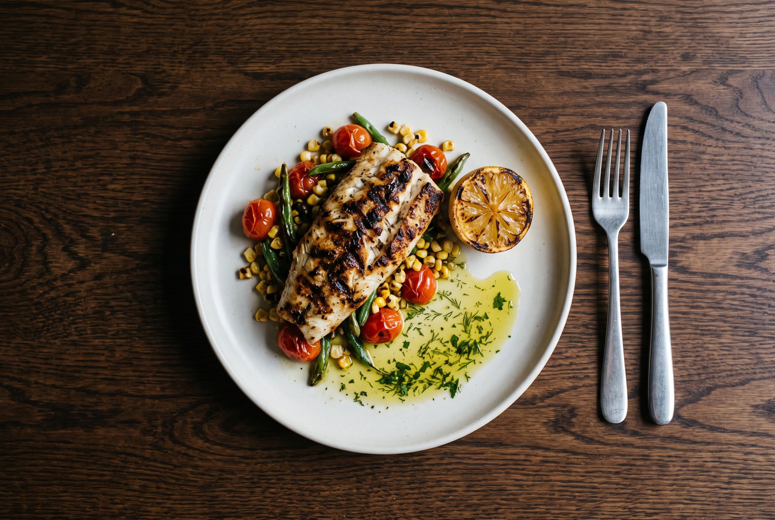 Catch of the Day. Fresh local fish, charred lemon, seasonal vegetables.