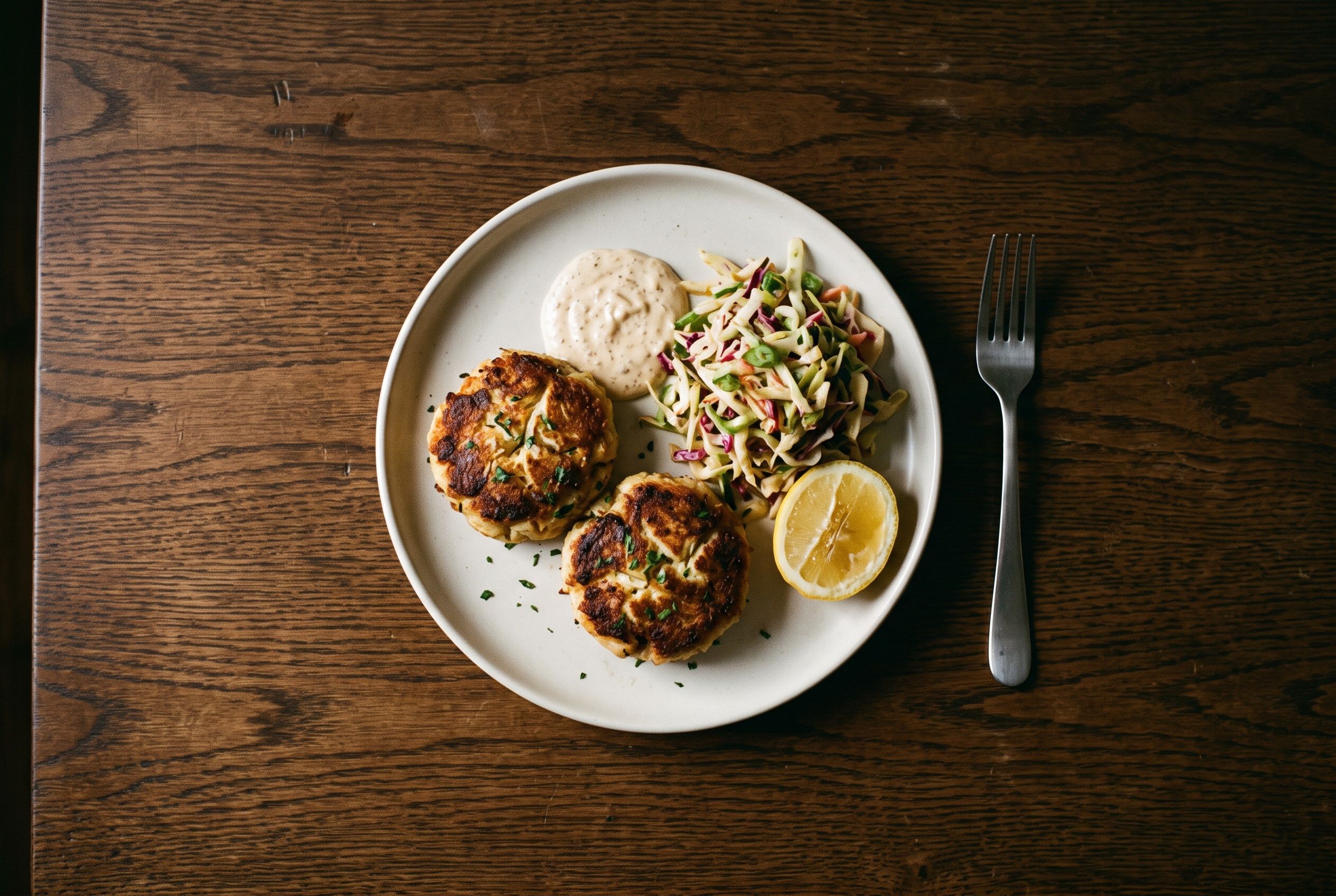 Carolina Crab Cakes. Jumbo lump crab, remoulade, citrus slaw.