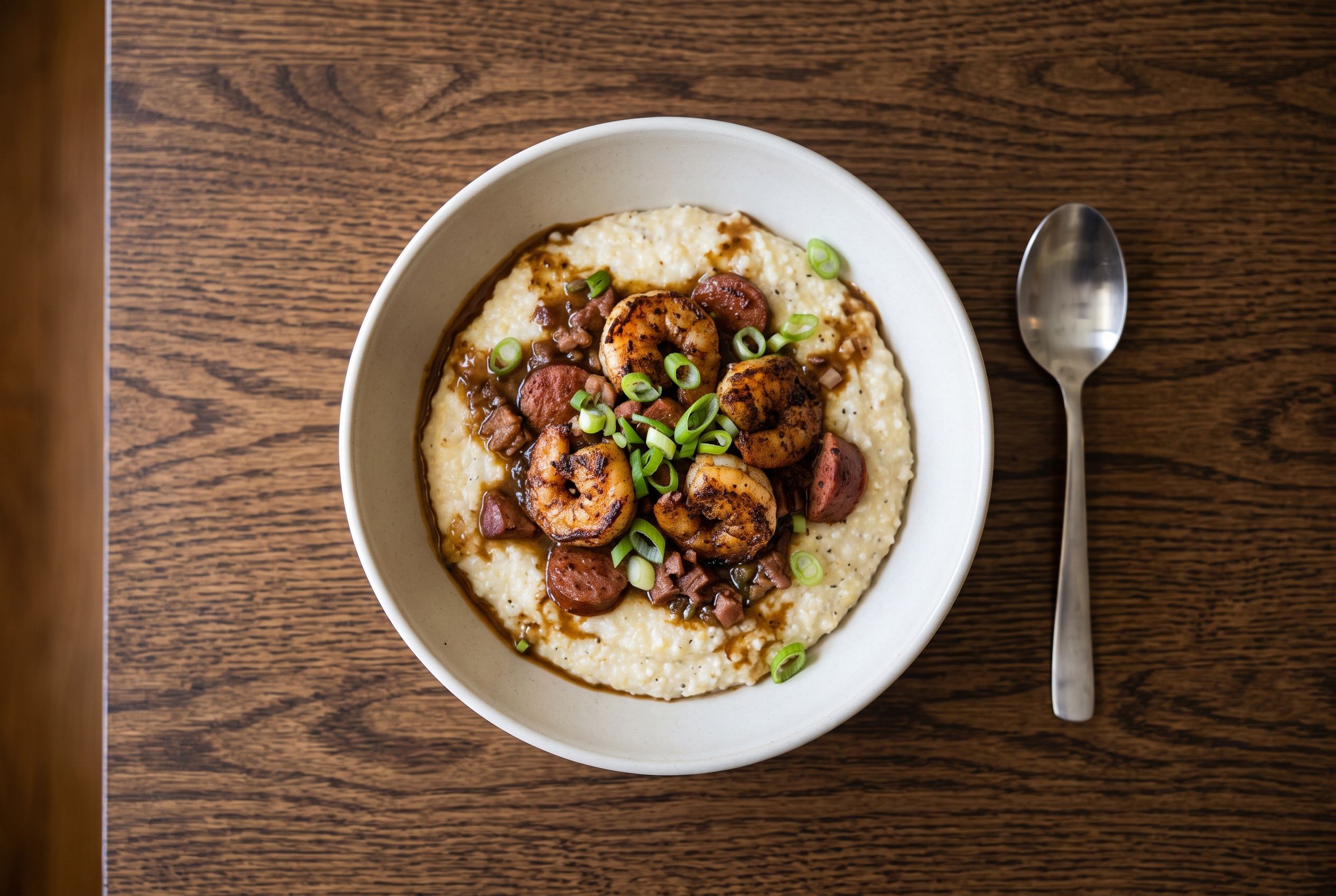 Lowcountry Shrimp & Grits. Stone-ground grits, blackened local shrimp, andouille, tasso gravy.