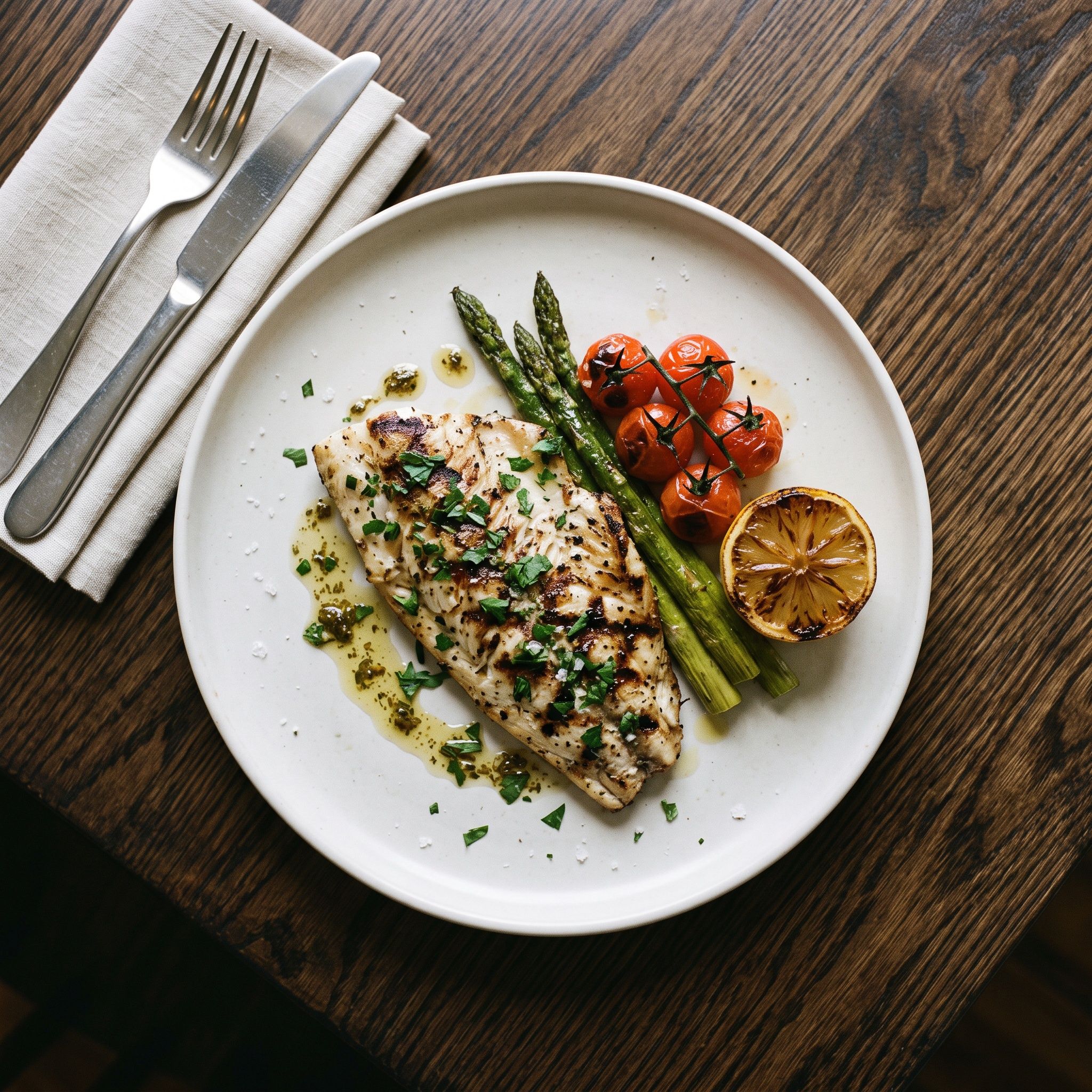 Grilled fish plated, shot close across the plate edge.