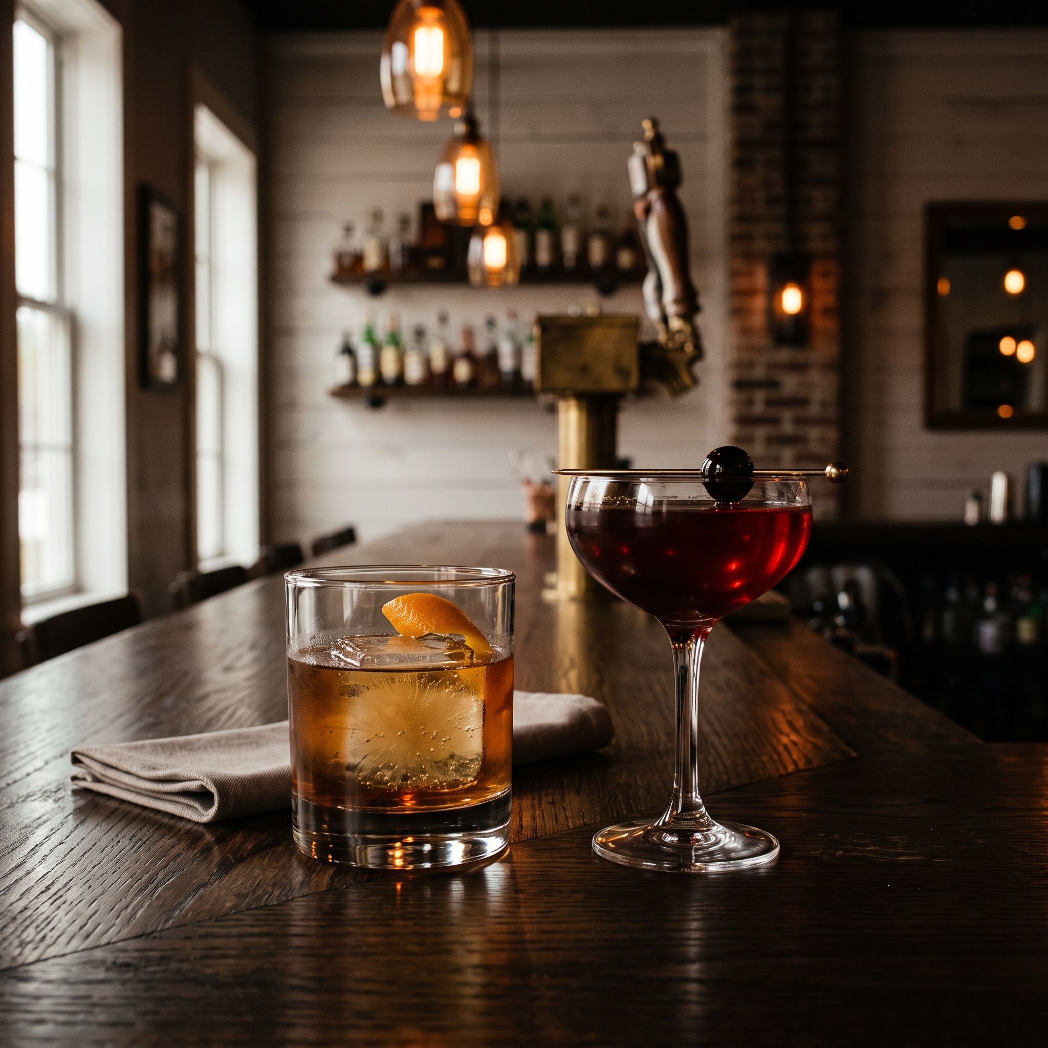Two cocktails on the bar, backlit by warm light.