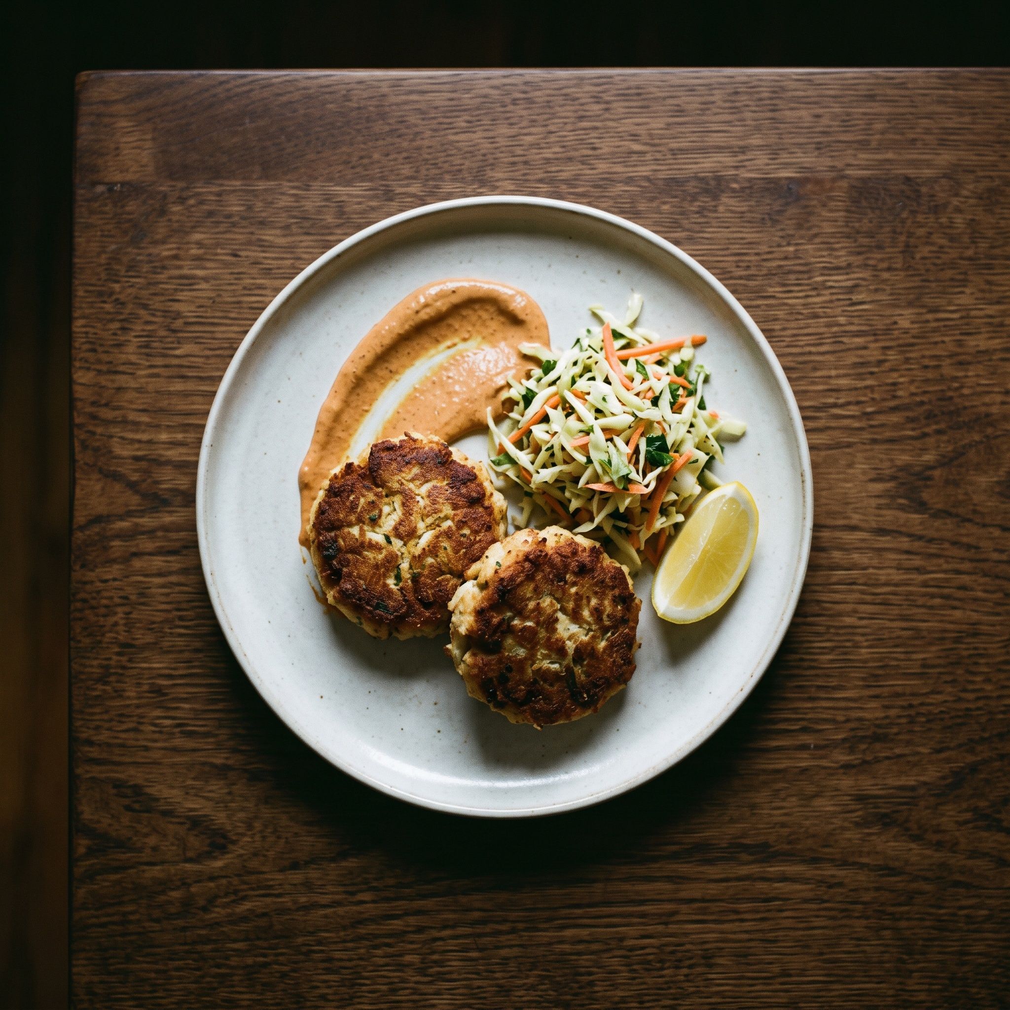 A crab cake with remoulade, a fork lifting one flake.