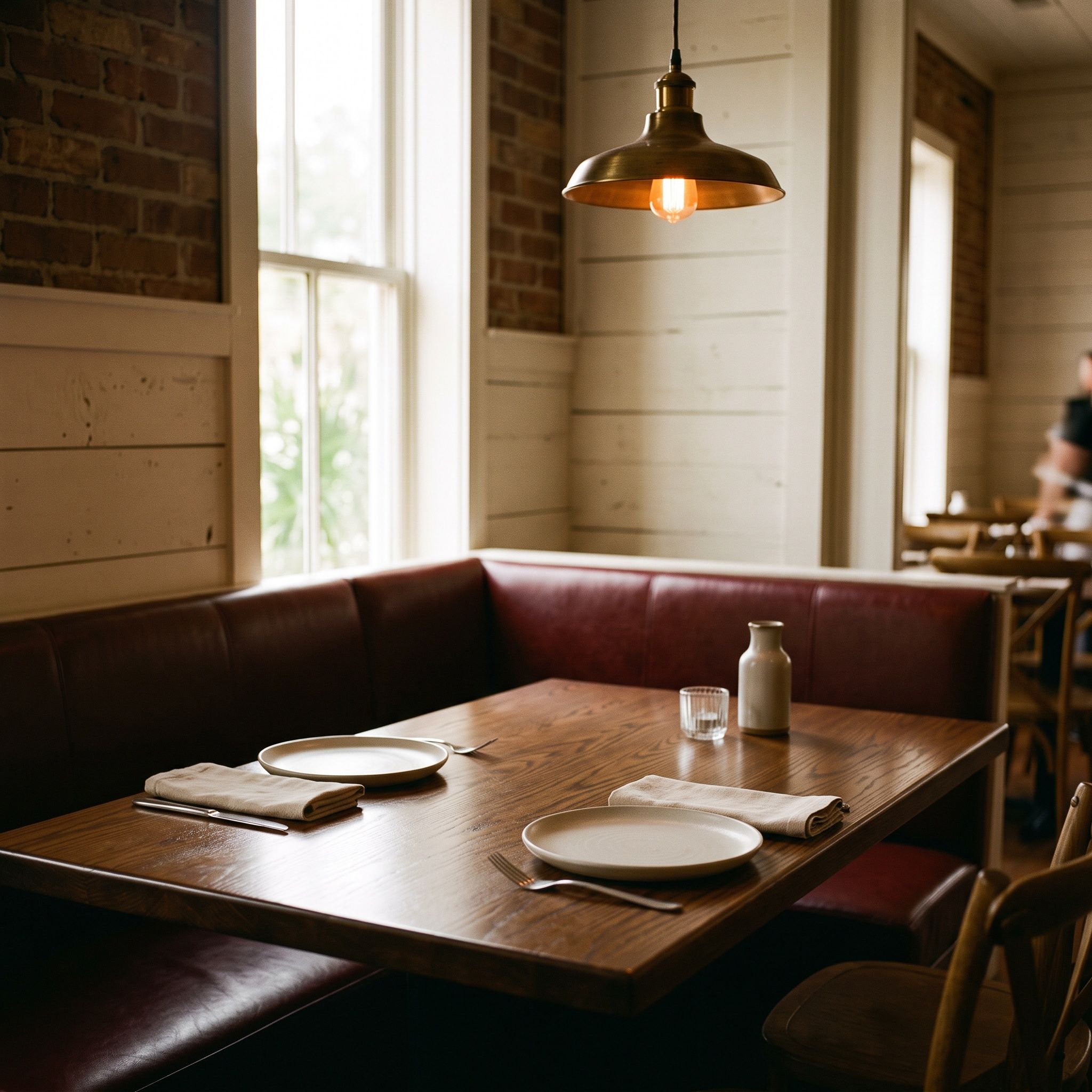 A corner banquette beside a window, table set for two.