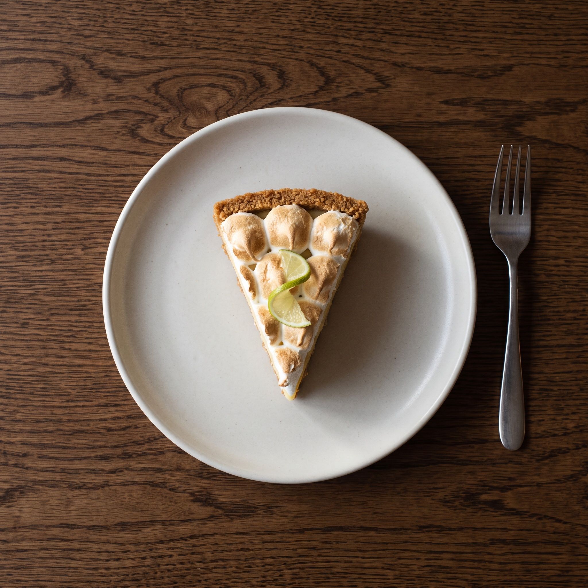 A slice of key lime pie with torched meringue.