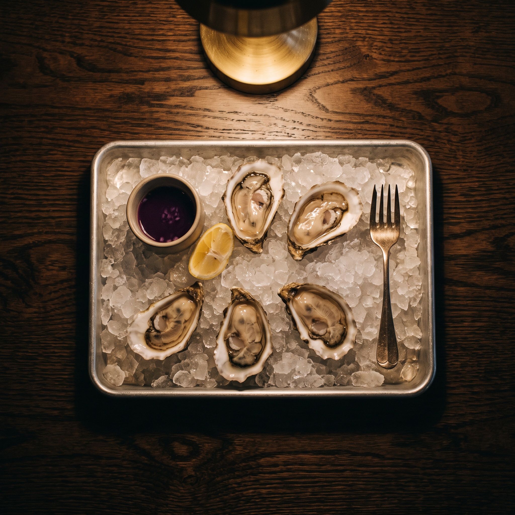 Half a dozen raw oysters on crushed ice with mignonette.
