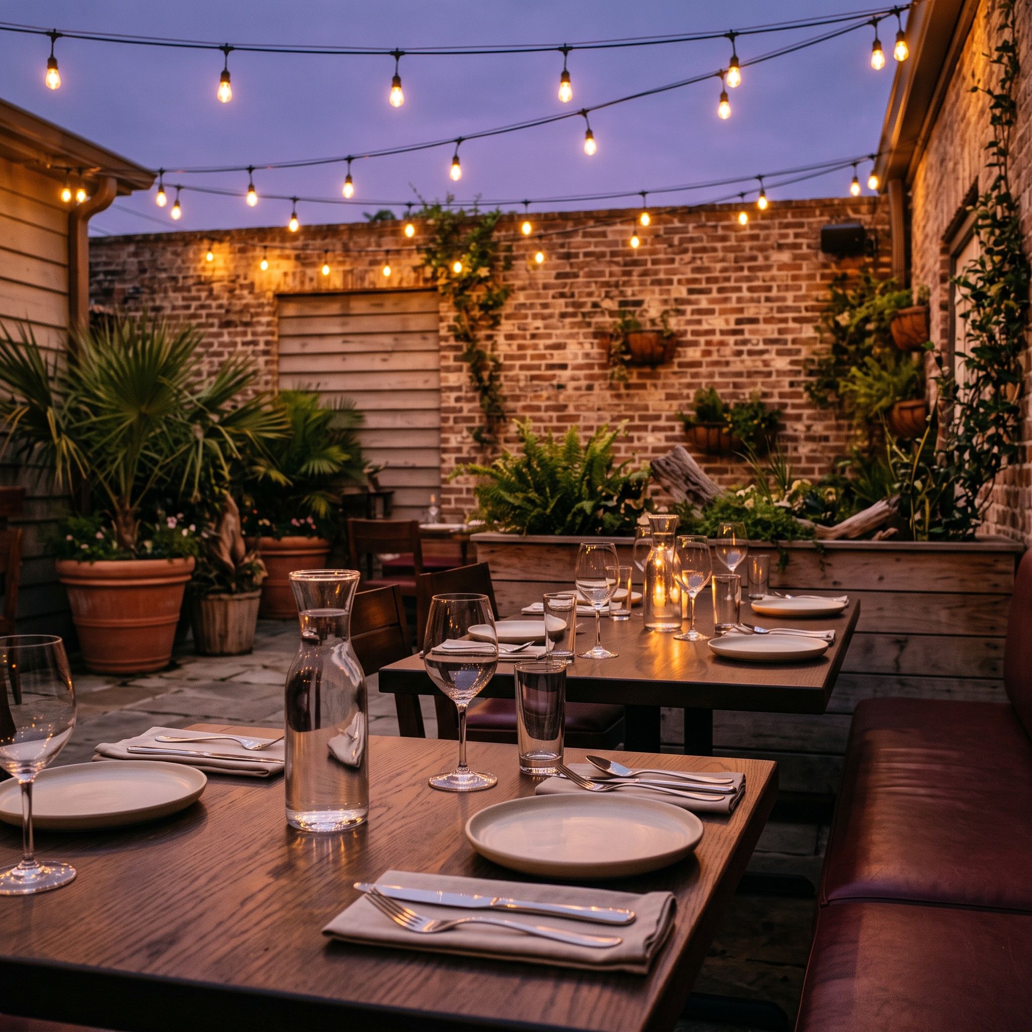 The outdoor patio at dusk under string lights.