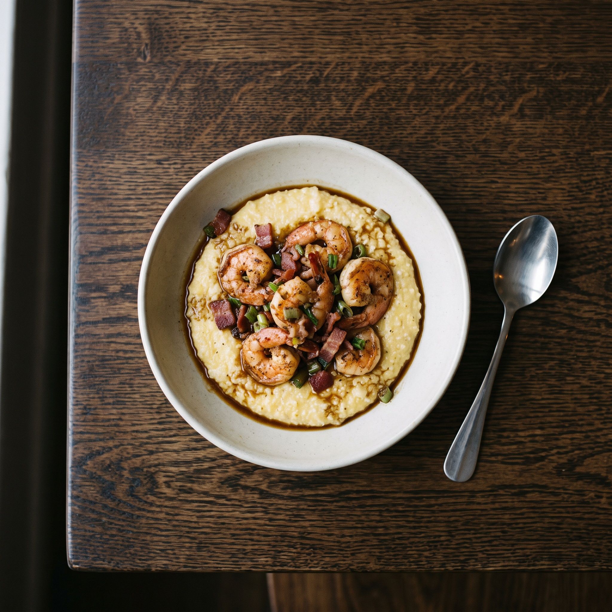 A bowl of shrimp and grits seen from above.