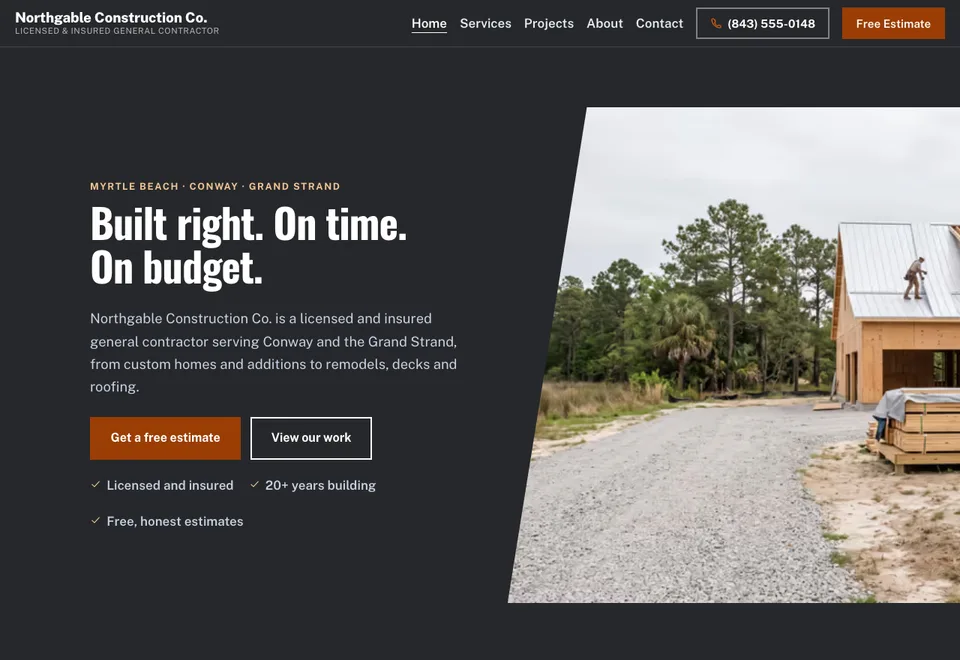 The Northgable Construction demo home page, showing a contractor site with project photos.