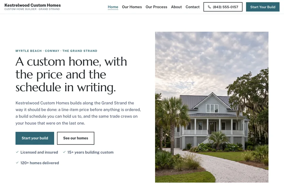 The Kestrelwood Custom Homes demo home page, showing a custom builder site with a project gallery.