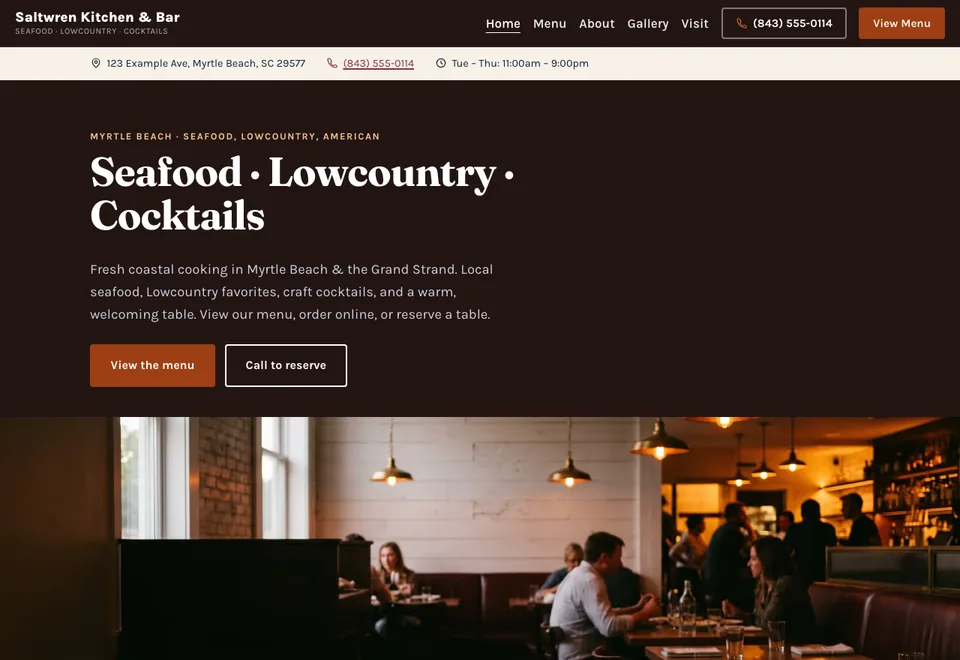 The Saltwren Kitchen & Bar demo home page, showing a coastal restaurant with its menu and hours.