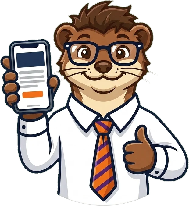 The Widget Weasel mascot holding up a phone showing a website.